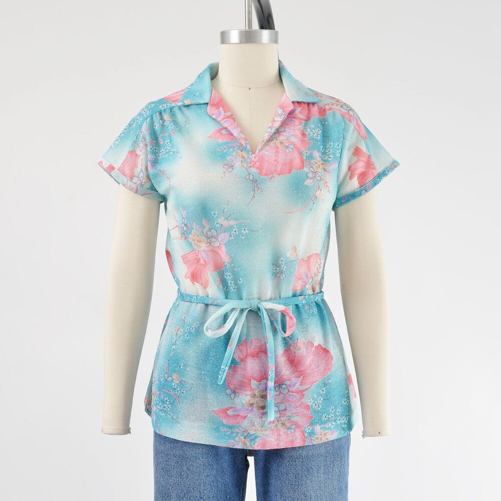 Vintage 70s Floral Knit Top Sheer Boho Cap Sleeve Collared Top with Tie Belt